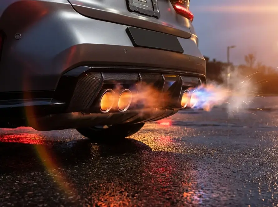 Tył sportowego BMW z czterema końcówkami wydechu, strzelający płomieniami i iskrami na mokrym asfalcie.