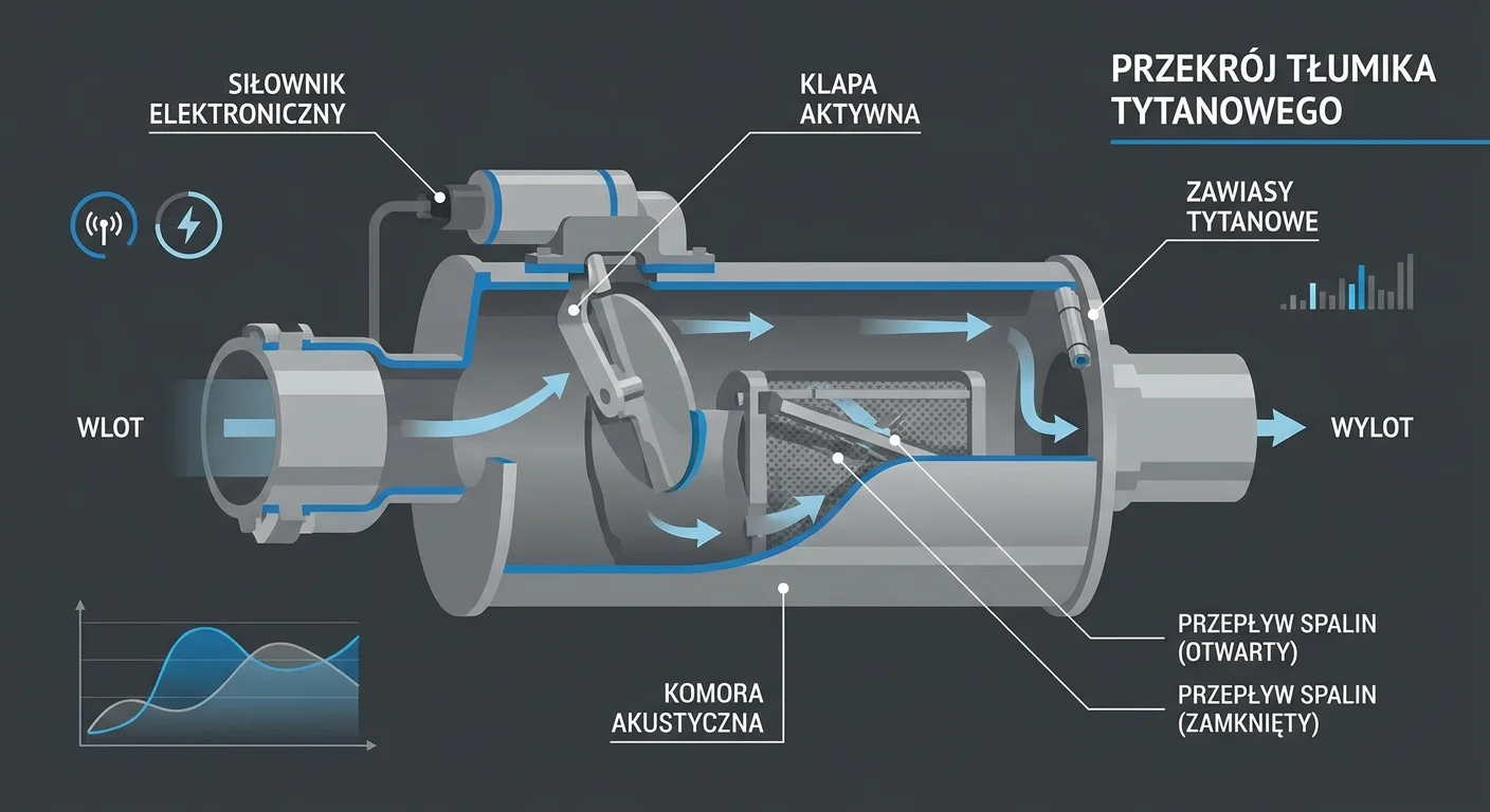 Zdjęcie szczegółowe ukazujące mechanizm klapy w przekroju tytanowego tłumika aktywnego układu wydechowego, z widocznym siłownikiem elektronicznym.