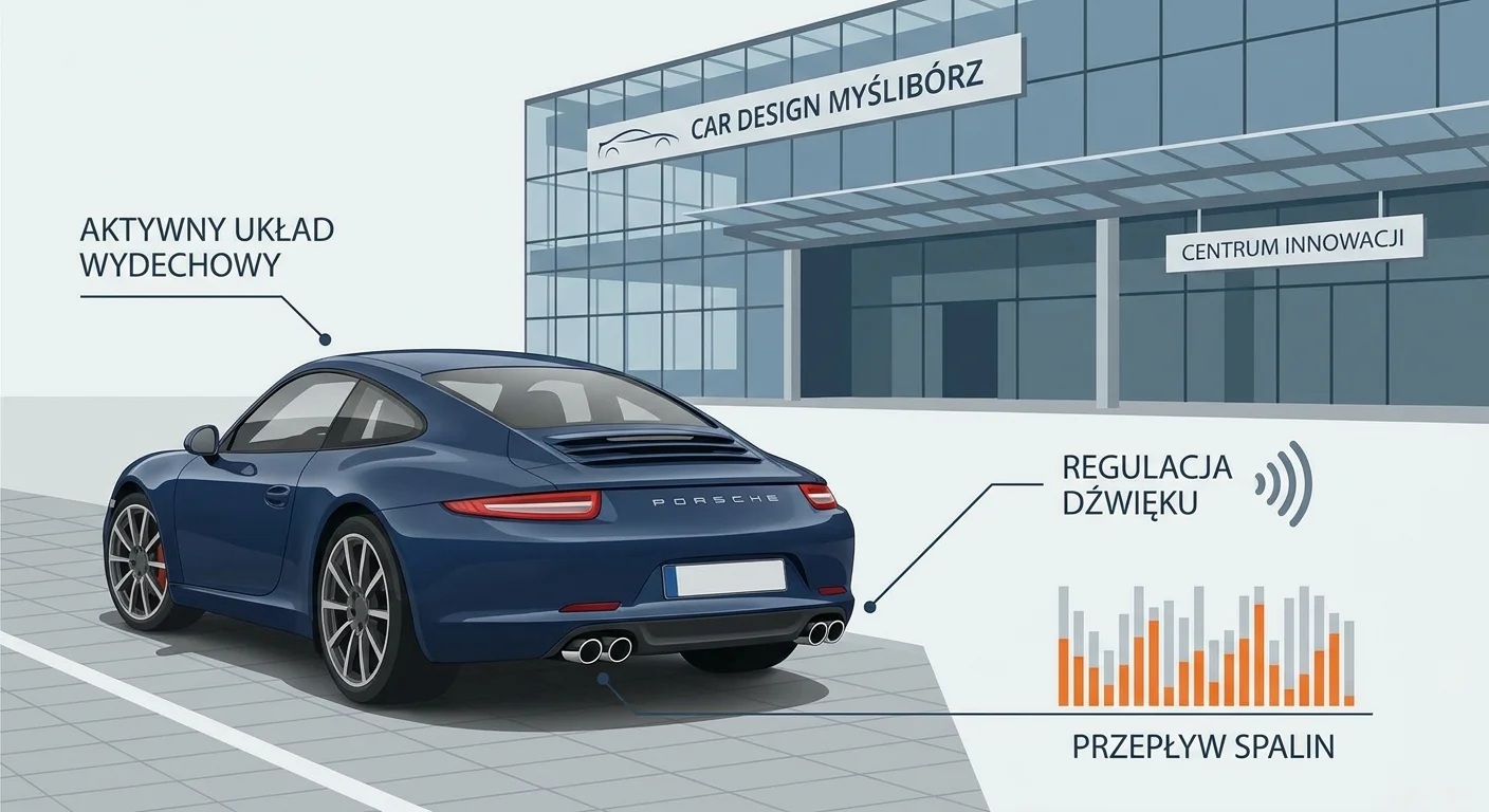 Eleganckie zdjęcie samochodu sportowego, np. Porsche 911, zaparkowanego przed nowoczesnym budynkiem warsztatu Car Design w Myśliborzu, z widocznymi z tyłu czterema końcówkami aktywnego układu wydechowego.
