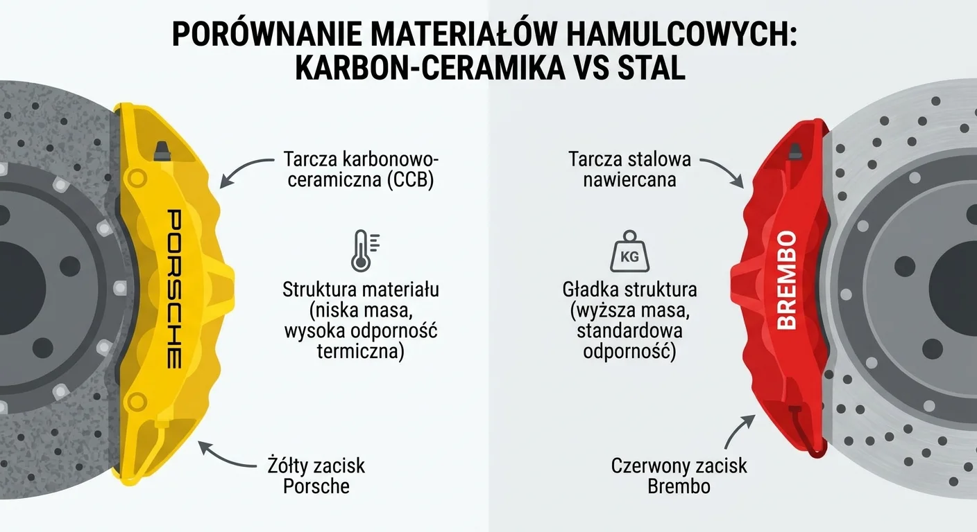 Zbliżenie na żółty zacisk hamulcowy Porsche z tarczą karbonowo-ceramiczną, ukazujące charakterystyczną strukturę materiału, obok porównawcze zdjęcie stalowej tarczy nawiercanej z czerwonym zaciskiem Brembo.