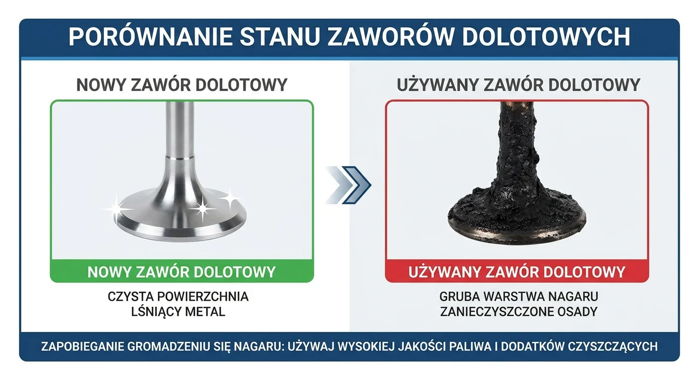 Zestawienie dwóch zdjęć obok siebie: po lewej idealnie czysty zawór dolotowy, lśniący metalem; po prawej ten sam zawór, ale całkowicie pokryty grubą, czarną i chropowatą warstwą nagaru.