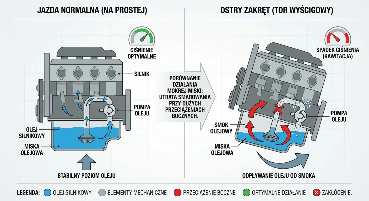 Schematyczny rysunek porównujący działanie mokrej miski olejowej w normalnej jeździe i podczas ostrego zakrętu na torze, pokazujący odpływanie oleju od smoka.