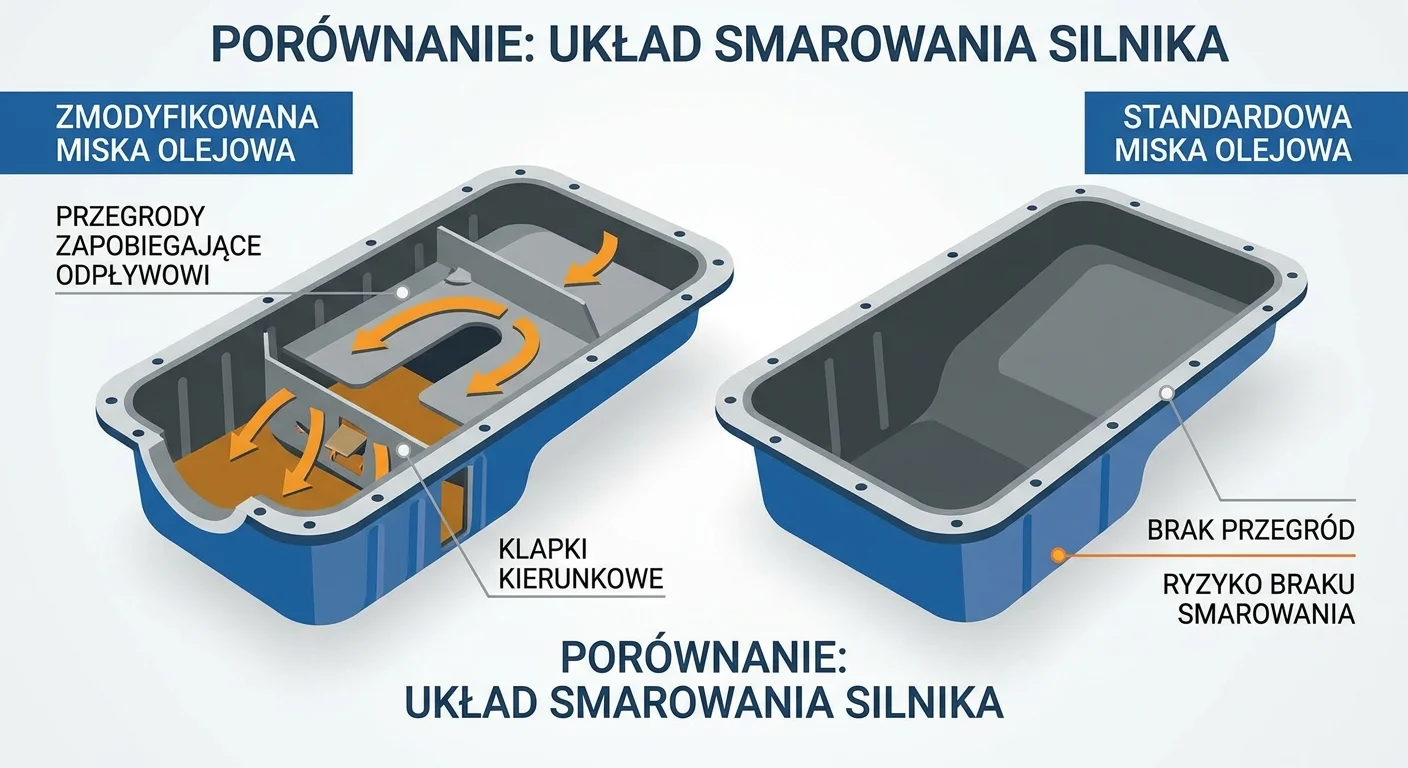 Zdjęcie zmodyfikowanej miski olejowej z widocznymi przegrodami i klapkami, leżącej obok standardowej miski.