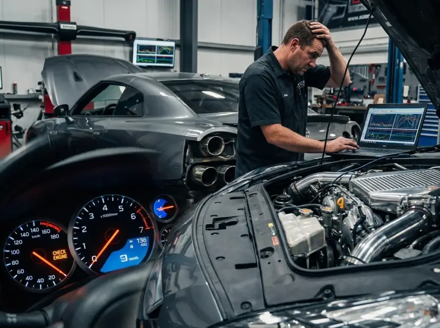 Sfrustrowany mechanik diagnozuje silnik Nissana GT-R z laptopem. Na desce rozdzielczej świeci kontrolka check engine.