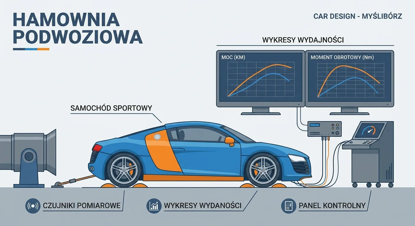 Zdjęcie ukazujące nowoczesną hamownię podwoziową w profesjonalnym warsztacie, takim jak Car Design w Myśliborzu. Na rolkach stoi sportowy samochód, podłączony do aparatury pomiarowej. W tle widać monitory wyświetlające wykresy mocy i momentu obrotowego.