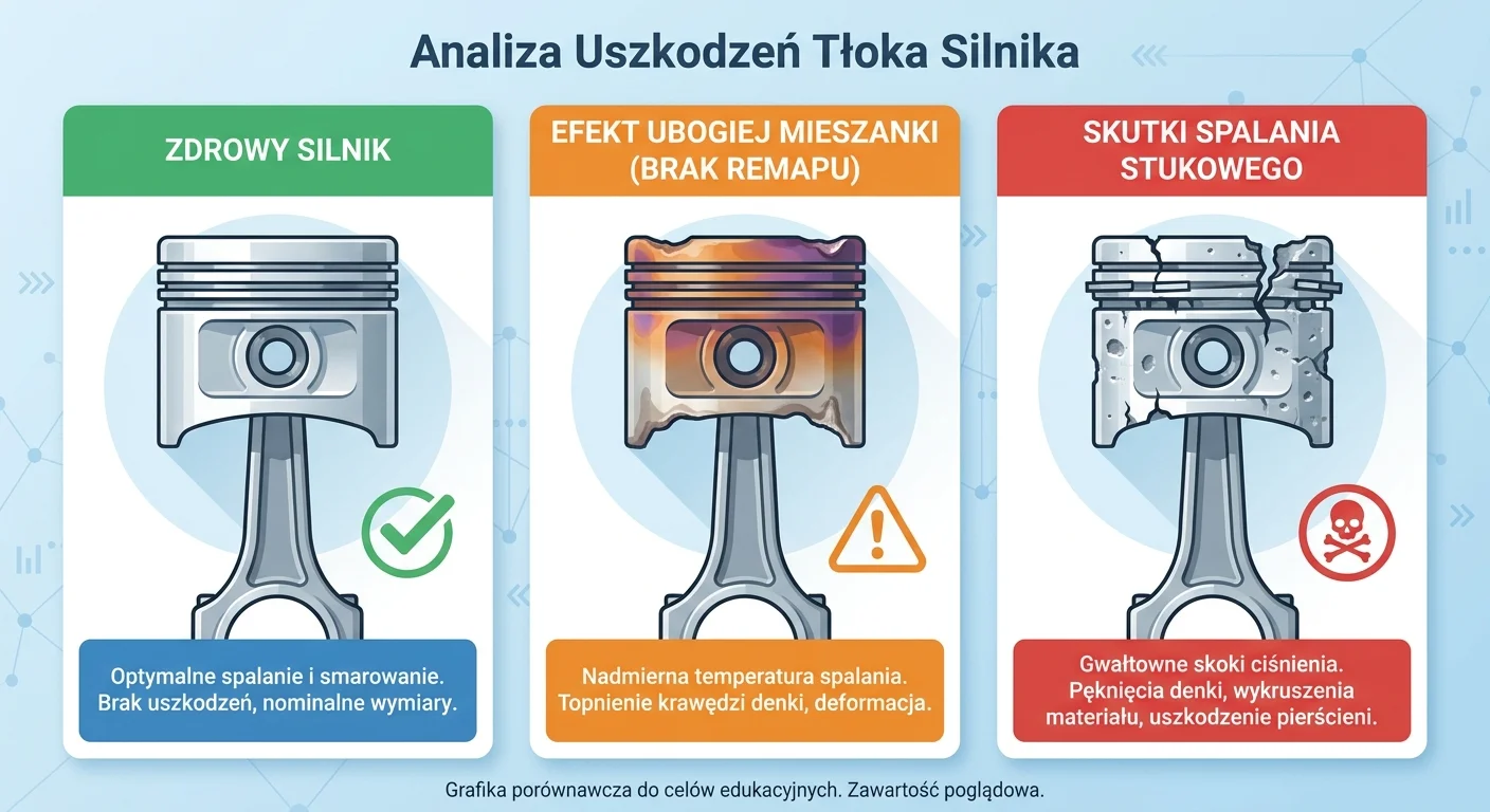 Grafika porównawcza pokazująca trzy tłoki. Pierwszy to czysty, sprawny tłok z podpisem „Zdrowy silnik”. Drugi jest przegrzany, z widocznymi śladami topnienia przy krawędzi, z podpisem „Efekt ubogiej mieszanki (brak remapu)”. Trzeci ma pękniętą lub wyszczerbioną denkę, z podpisem „Skutki spalania stukowego”.
